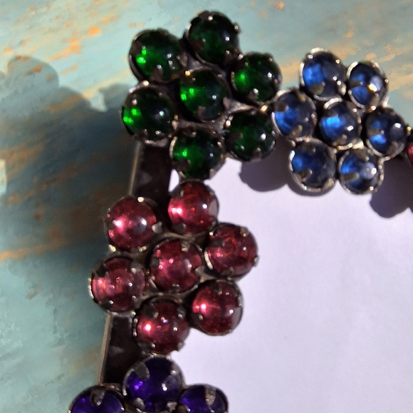 Jeweled Picture Frame Metal and Gemstone Flowers Multi Colored Jewel Tones - Picture 6 of 16